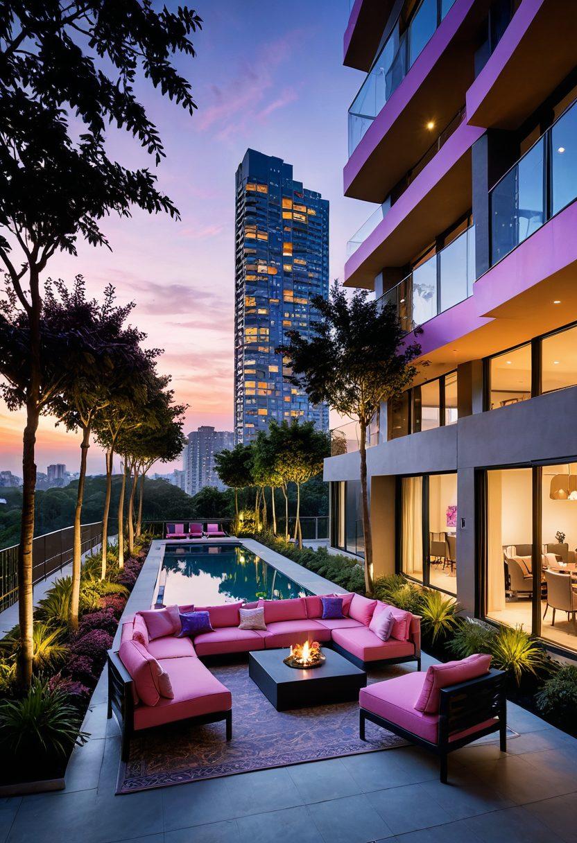 A stunning city skyline featuring modern luxury apartments with panoramic views of lush landscapes and vibrant sunsets. Include a welcoming atmosphere with lush greenery, sleek outdoor furniture, and residents enjoying the space. Highlight the concept of affordability with price tags subtly integrated into the design. super-realistic. vibrant colors. urban elegance.