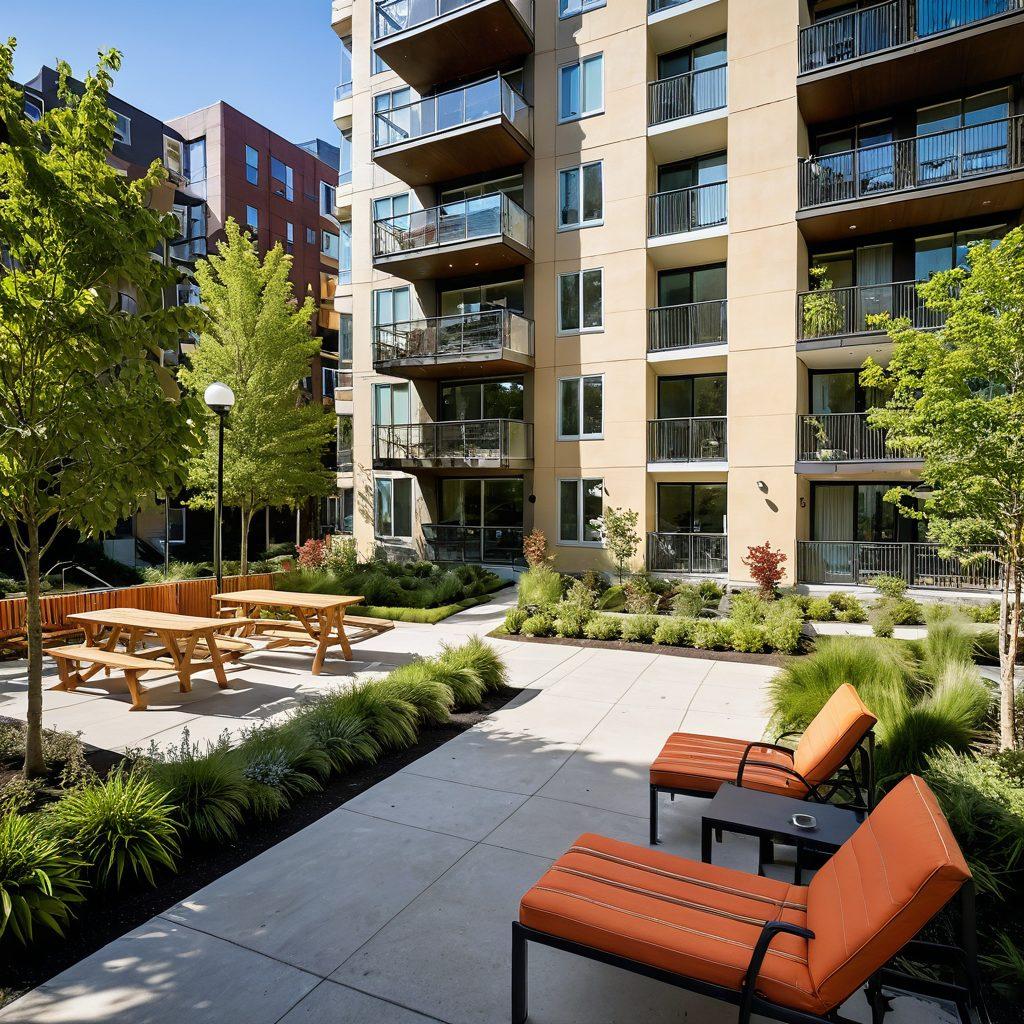 A bustling urban apartment complex with modern architecture, featuring vibrant green spaces and diverse residents enjoying outdoor activities. Include elements like a cozy café and kids playing, showcasing a sense of community and luxury. Use bright, inviting colors to capture the essence of affordable urban living. super-realistic. vibrant colors. sunny atmosphere.
