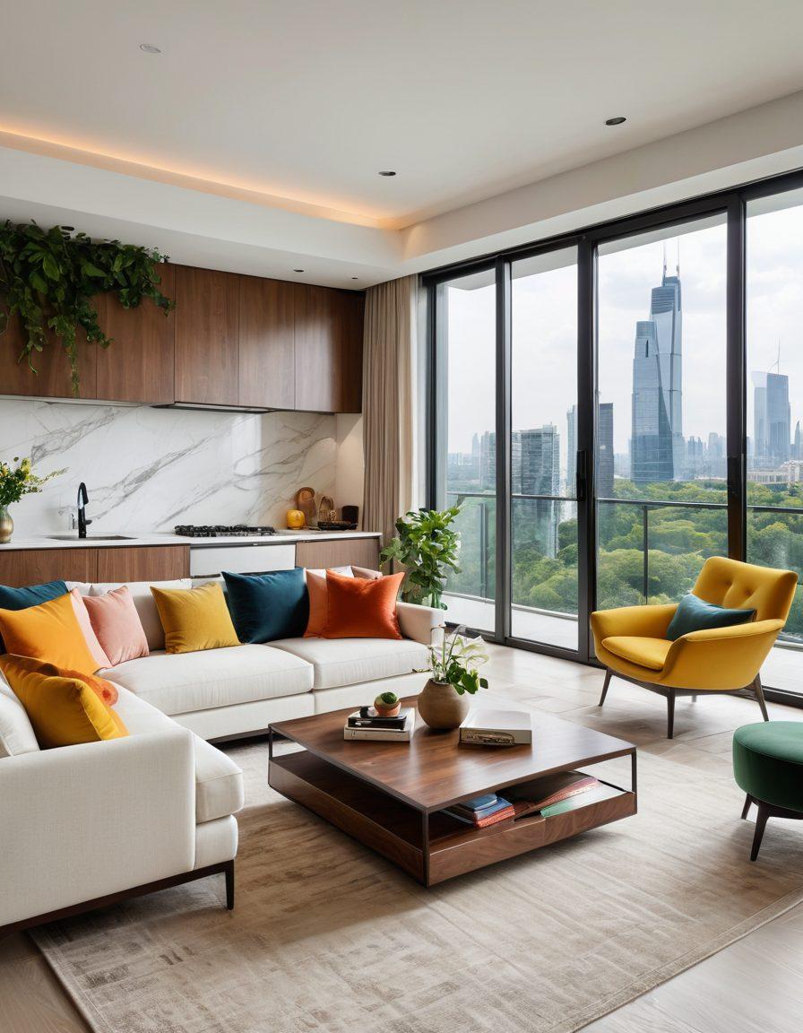 A sleek, modern apartment interior showcasing luxury amenities like a spacious living room with floor-to-ceiling windows, a stylish kitchen with state-of-the-art appliances, and an inviting outdoor balcony view of a vibrant city skyline. Include touches of greenery and elegant furniture that reflect a sophisticated lifestyle. super-realistic. vibrant colors. white background.